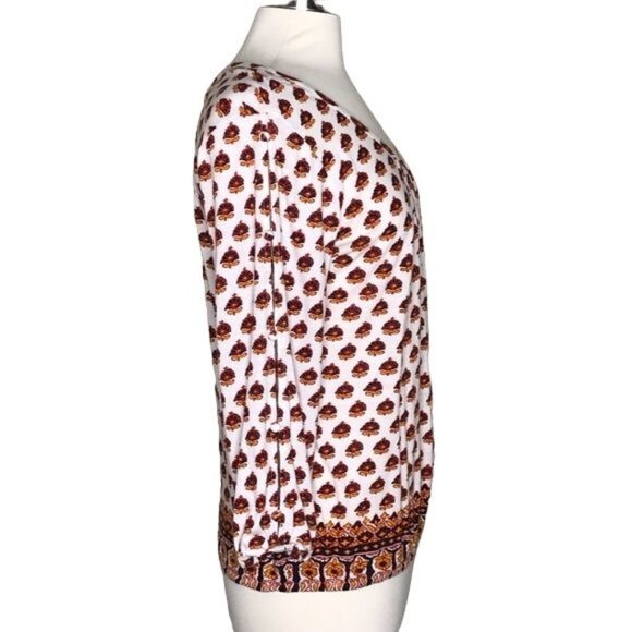 Lucky Brand M button sleeve top medallion print white red - Picture 2 of 8